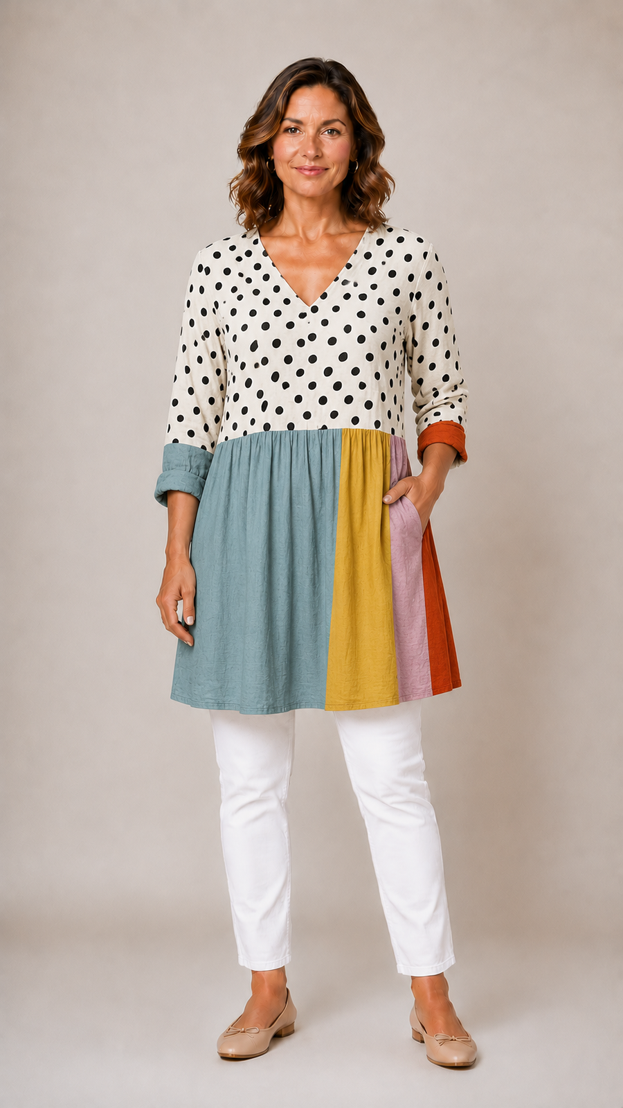 Jacqueline Long Blouse with V-Neck in polka dot & colourblock print - Aussie Everyday