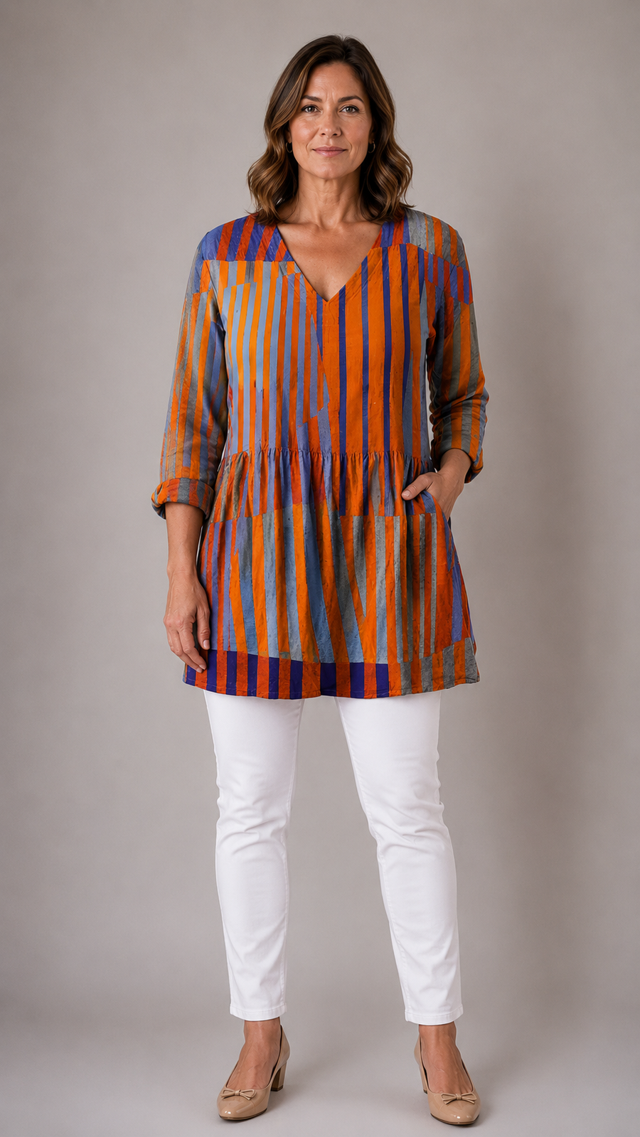 Amaia Long Blouse with V-Neck in geometric stripe print - Aussie Everyday