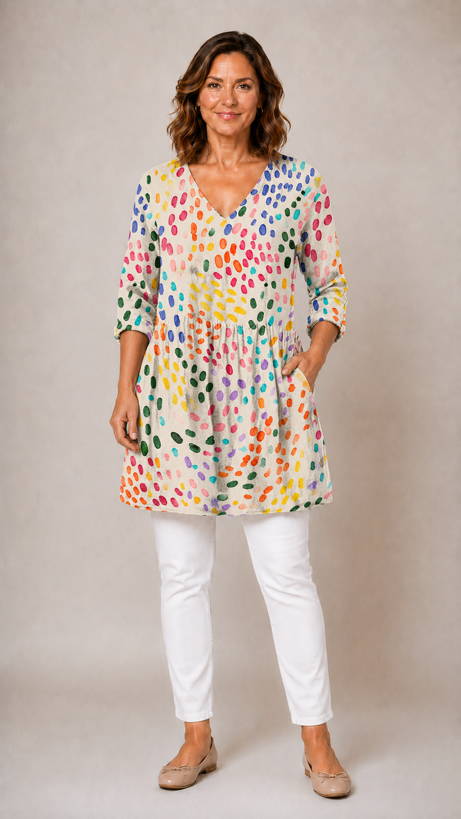 Everlee Long Blouse with V-Neck in confetti dot print - Aussie Everyday