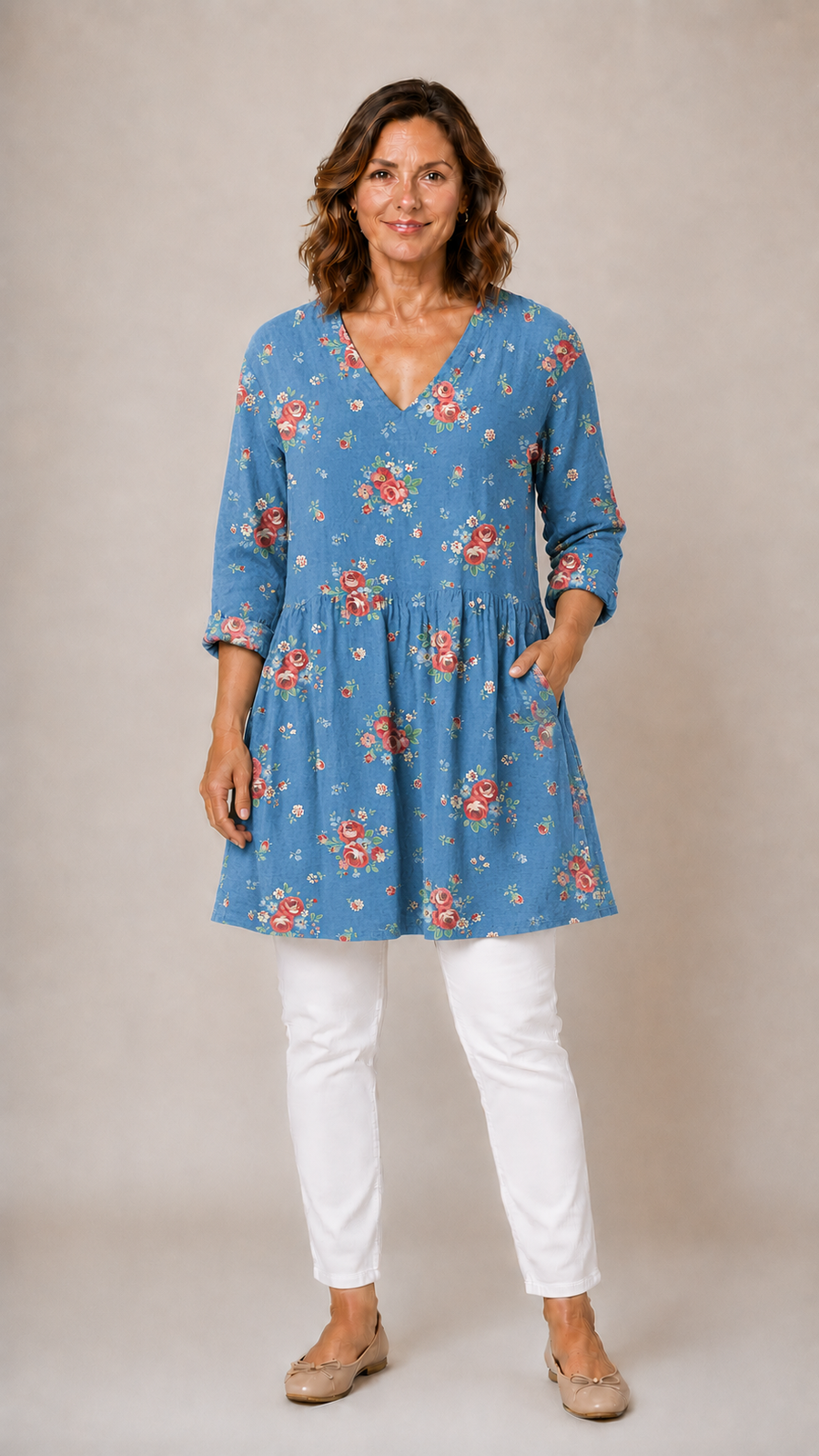 Lucia Long Blouse with V-Neck in rose floral print - Aussie Everyday